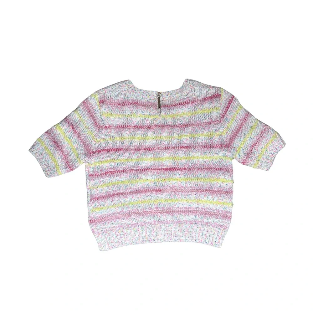 Chanel Heart Motif Pink Yellow Striped Knit Short Sleeve Sweater